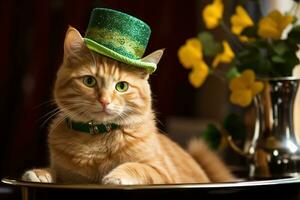 Cute cat wearing a green top hat for St. Patrick's Day. AI generated photo