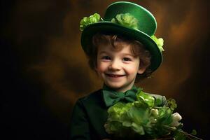 Portrait of a smiling boy in a leprechaun costume. St. Patrick's Day. AI generated photo