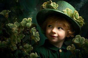 Portrait of a smiling boy in a leprechaun costume. St. Patrick's Day. AI generated photo