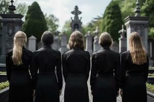 A group of young people in a cemetery looking at the tombstones AI generated photo