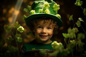 retrato de un sonriente chico en un duende traje. S t. patrick's día. ai generado foto