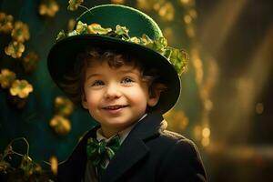 Portrait of a smiling boy in a leprechaun costume. St. Patrick's Day. AI generated photo