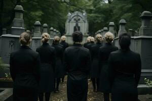 un grupo de joven personas en un cementerio mirando a el lápidas ai generado foto