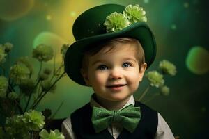 Portrait of a smiling boy in a leprechaun costume. St. Patrick's Day. AI generated photo