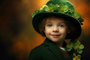 Portrait of a smiling boy in a leprechaun costume. St. Patrick's Day. AI generated photo