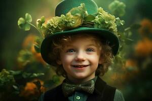 Portrait of a smiling boy in a leprechaun costume. St. Patrick's Day. AI generated photo