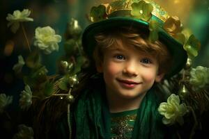 Portrait of a smiling boy in a leprechaun costume. St. Patrick's Day. AI generated photo