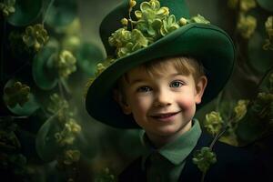 Portrait of a smiling boy in a leprechaun costume. St. Patrick's Day. AI generated photo