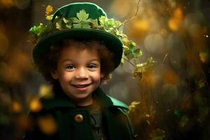 retrato de un sonriente chico en un duende traje. S t. patrick's día. ai generado foto