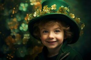 Portrait of a smiling boy in a leprechaun costume. St. Patrick's Day. AI generated photo