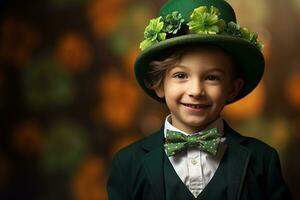 Portrait of a smiling boy in a leprechaun costume. St. Patrick's Day. AI generated photo