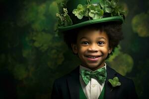 Portrait of a smiling boy in a leprechaun costume. St. Patrick's Day. AI generated photo