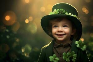 Portrait of a smiling boy in a leprechaun costume. St. Patrick's Day. AI generated photo