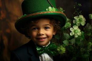 Portrait of a smiling boy in a leprechaun costume. St. Patrick's Day. AI generated photo