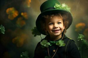 Portrait of a smiling boy in a leprechaun costume. St. Patrick's Day. AI generated photo