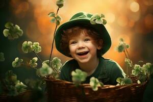 Portrait of a smiling boy in a leprechaun costume. St. Patrick's Day. AI generated photo