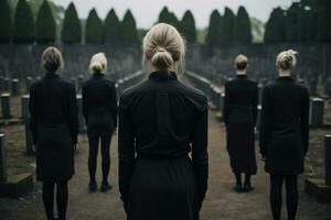 A group of young people in a cemetery looking at the tombstones AI generated photo