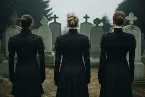 un grupo de joven personas en un cementerio mirando a el lápidas ai generado foto