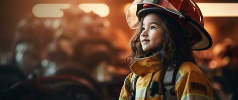 retrato de sonriente asiático pequeño niña vistiendo bombero uniforme en pie en fuego camión. ai generado foto