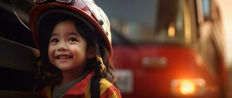 retrato de sonriente asiático pequeño niña vistiendo bombero uniforme en pie en fuego camión. ai generado foto