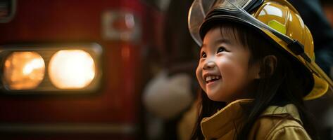 retrato de sonriente asiático pequeño niña vistiendo bombero uniforme en pie en fuego camión. ai generado foto