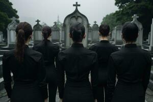 A group of young people in a cemetery looking at the tombstones AI generated photo