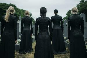 un grupo de joven personas en un cementerio mirando a el lápidas ai generado foto