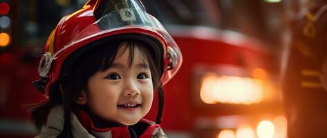 retrato de sonriente asiático pequeño niña vistiendo bombero uniforme en pie en fuego camión. ai generado foto