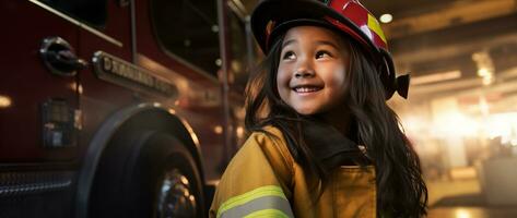 retrato de sonriente asiático pequeño niña vistiendo bombero uniforme en pie en fuego camión. ai generado foto