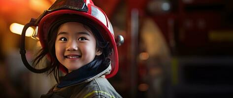 Portrait of smiling asian little girl wearing firefighter uniform standing in fire truck. AI generated photo