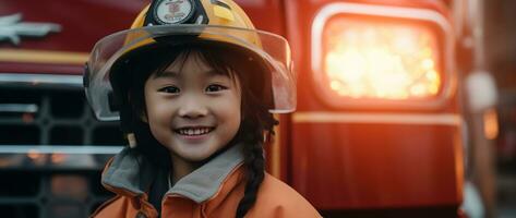 retrato de sonriente asiático pequeño niña vistiendo bombero uniforme en pie en fuego camión. ai generado foto