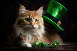 Cute cat wearing a green top hat for St. Patrick's Day. AI generated photo