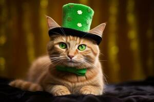 Cute cat wearing a green top hat for St. Patrick's Day. AI generated photo