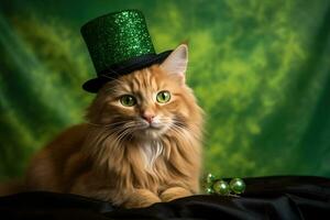 Cute cat wearing a green top hat for St. Patrick's Day. AI generated photo