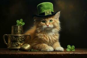 Cute cat wearing a green top hat for St. Patrick's Day. AI generated photo