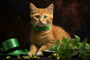 Cute cat wearing a green top hat for St. Patrick's Day. AI generated photo