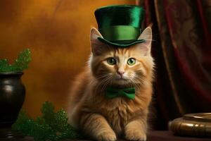 Cute cat wearing a green top hat for St. Patrick's Day. AI generated photo