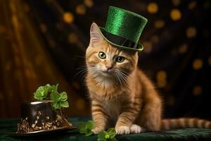 Cute cat wearing a green top hat for St. Patrick's Day. AI generated photo