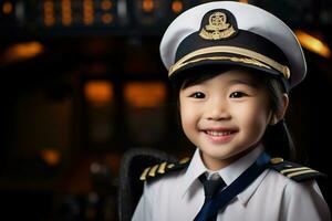 retrato de un linda asiático pequeño niña en un piloto uniforme ai generado foto