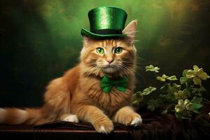 Cute cat wearing a green top hat for St. Patrick's Day. AI generated photo