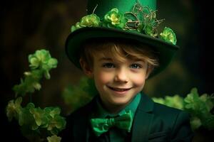 Portrait of a smiling boy in a leprechaun costume. St. Patrick's Day. AI generated photo