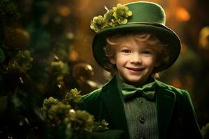 Portrait of a smiling boy in a leprechaun costume. St. Patrick's Day. AI generated photo