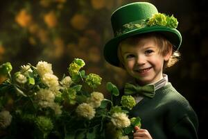 retrato de un sonriente chico en un duende traje. S t. patrick's día. ai generado foto