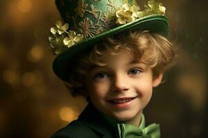 Portrait of a smiling boy in a leprechaun costume. St. Patrick's Day. AI generated photo