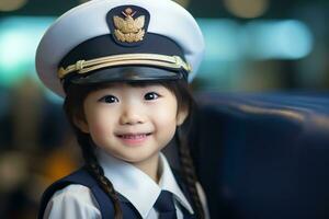 retrato de un linda asiático pequeño niña en un piloto uniforme ai generado foto