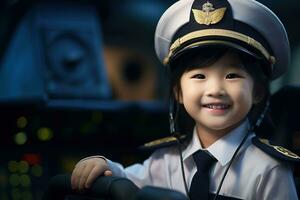 retrato de un linda asiático pequeño niña en un piloto uniforme ai generado foto