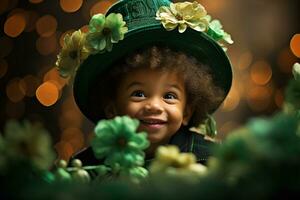 Portrait of a smiling boy in a leprechaun costume. St. Patrick's Day. AI generated photo