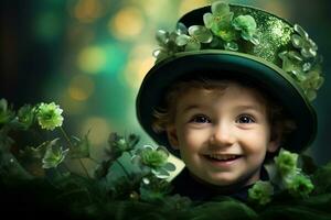 Portrait of a smiling boy in a leprechaun costume. St. Patrick's Day. AI generated photo