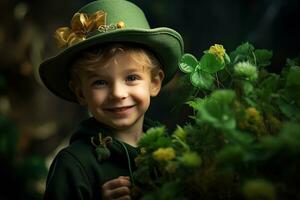 Portrait of a smiling boy in a leprechaun costume. St. Patrick's Day. AI generated photo