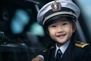 retrato de un linda asiático pequeño niña en un piloto uniforme ai generado foto